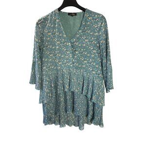 Suzanne Betro Womens Floral Ruffle High-Low Tunic Top V-Neck 3/4 Sleeve M Blue